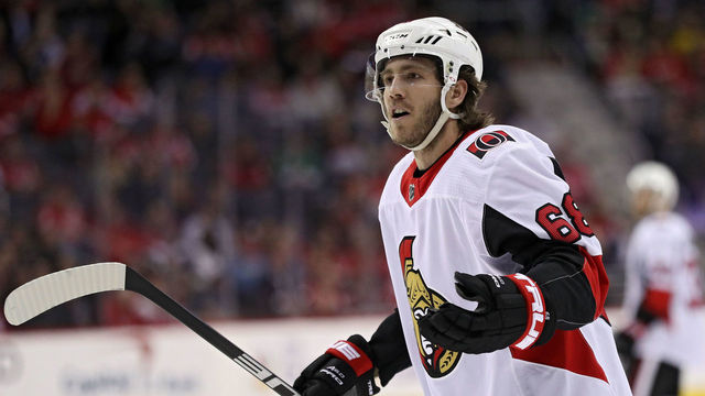 WASHINGTON, DC - FEBRUARY 27: Mike Hoffman #68 of the Ottawa Senators looks on against the Washington Capitals during the third period at Capital One Arena on February 27, 2018 in Washington, DC.