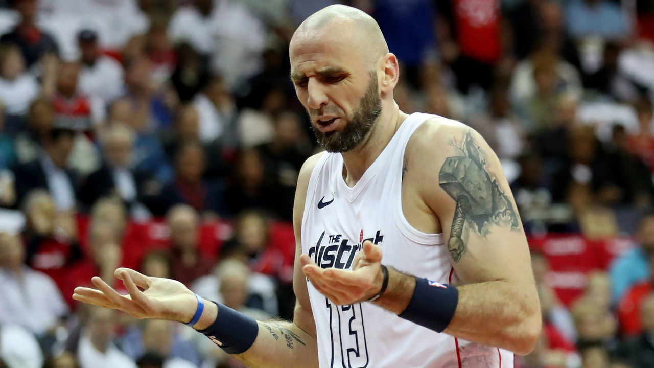 WASHINGTON, DC - APRIL 20: Marcin Gortat #13 of the Washington Wizards reacts to foul call against the Toronto Raptors during Game Three of Round One of the 2018 NBA Playoffs at Capital One Arena on April 20, 2018 in Washington, DC.