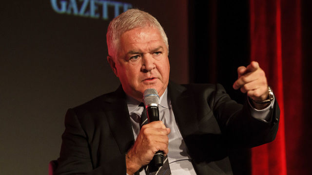 MONTREAL, QC - NOVEMBER 17: Florida Panthers general manager Dale Tallon speaks during a Q&A with host Pierre Houde part of the NHL Centennial 100 Celebration at Bonaventure Hotel on November 17, 2017 in Montreal, Canada.