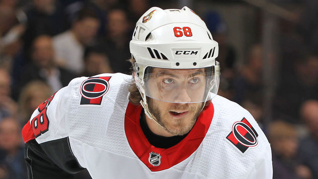 TORONTO, ON - FEBRUARY 10: Mike Hoffman #68 of the Ottawa Senators waits for a puck drop against the Toronto Maple Leafs during an NHL game at the Air Canada Centre on February 10, 2018 in Toronto, Ontario, Canada. The Maple Leafs defeated the Senators 6-3.