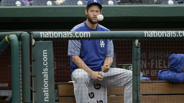 WASHINGTON, DC - MAY 19: Clayton Kershaw #22 of the Los Angeles Dodgers watches the game in the seventh inning against the Washington Nationals at Nationals Park during game one of a doubleheader on May 19, 2018 in Washington, DC.
