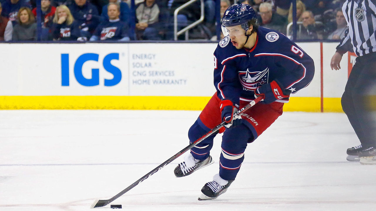 COLUMBUS, OH - APRIL 17: Artemi Panarin #9 of the Columbus Blue Jackets controls the puck in Game Three of the Eastern Conference First Round during the 2018 NHL Stanley Cup Playoffs against the Washington Capitals on April 17, 2018 at Nationwide Arena in Columbus, Ohio. *** Local Caption *** Artemi Panarin