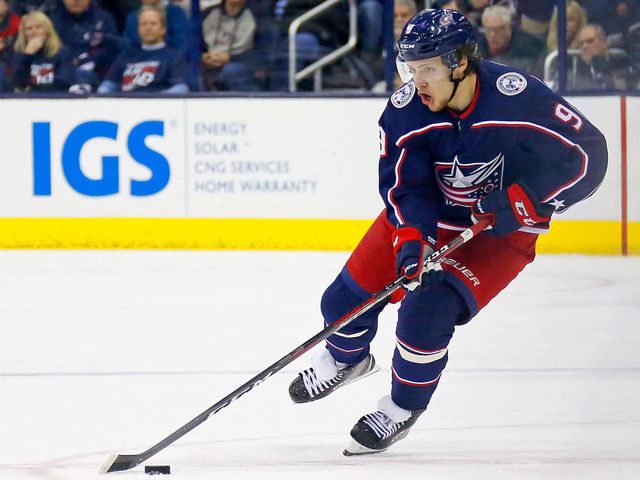 COLUMBUS, OH - APRIL 17: Artemi Panarin #9 of the Columbus Blue Jackets controls the puck in Game Three of the Eastern Conference First Round during the 2018 NHL Stanley Cup Playoffs against the Washington Capitals on April 17, 2018 at Nationwide Arena in Columbus, Ohio. *** Local Caption *** Artemi Panarin