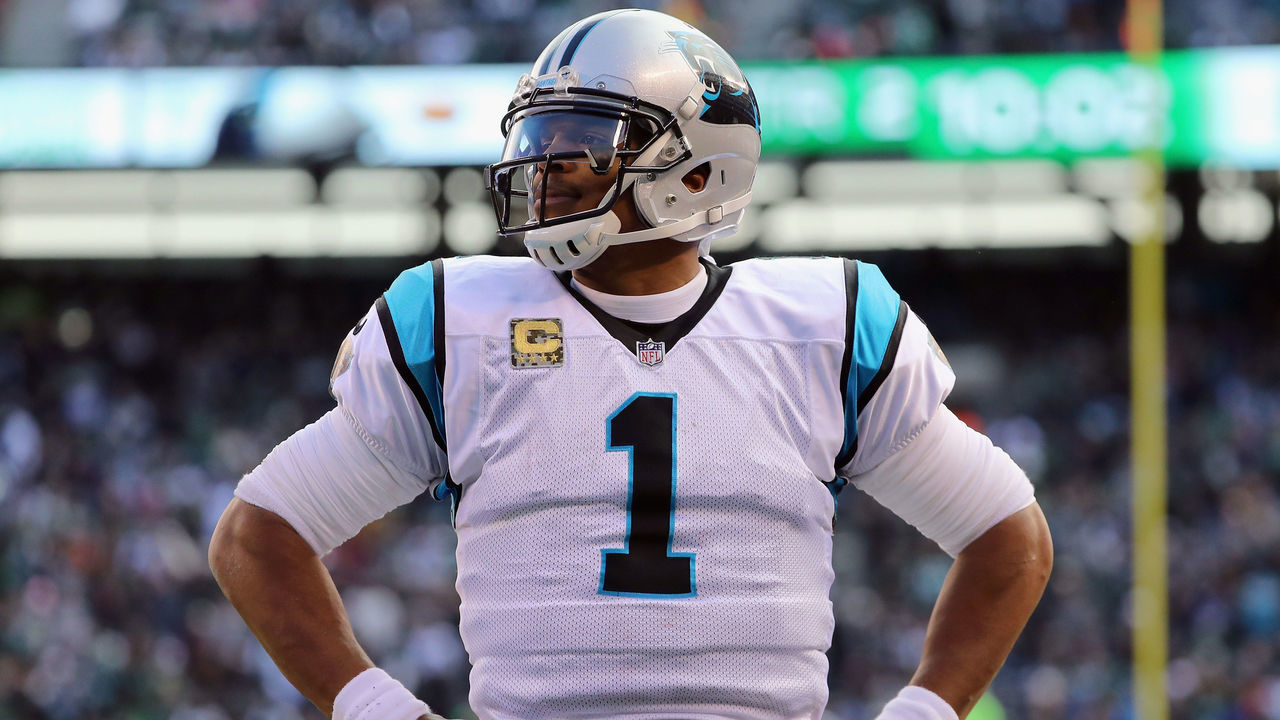 EAST RUTHERFORD, NJ - NOVEMBER 26: Quarterback Cam Newton #1 of the Carolina Panthers celebrates his touchdown against the New York Jets during the second quarter of the game at MetLife Stadium on November 26, 2017 in East Rutherford, New Jersey.