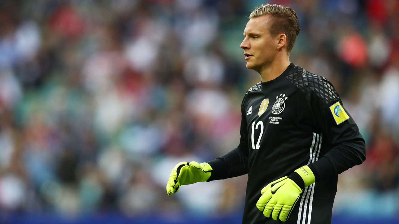 SOCHI, RUSSIA - JUNE 19: Bernd Leno of Germany looks on during the FIFA Confederations Cup Russia 2017 Group B match between Australia and Germany at Fisht Olympic Stadium on June 19, 2017 in Sochi, Russia.