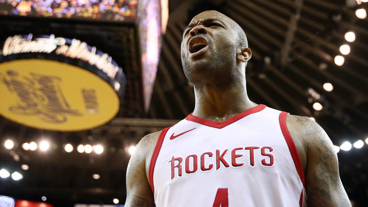 OAKLAND, CA - MAY 22: PJ Tucker #4 of the Houston Rockets reacts after a play against the Golden State Warriors during Game Four of the Western Conference Finals of the 2018 NBA Playoffs at ORACLE Arena on May 22, 2018 in Oakland, California.