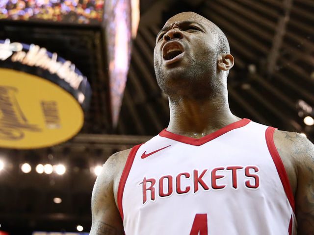 OAKLAND, CA - MAY 22: PJ Tucker #4 of the Houston Rockets reacts after a play against the Golden State Warriors during Game Four of the Western Conference Finals of the 2018 NBA Playoffs at ORACLE Arena on May 22, 2018 in Oakland, California.