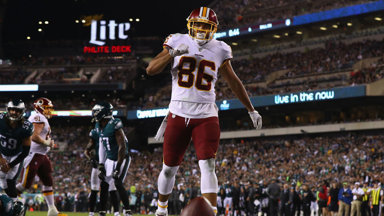 PHILADELPHIA, PA - OCTOBER 23: Jordan Reed #86 of the Washington Redskins celebrates in the endzone after scoring a touchdown against the Philadelphia Eagles in the third quarter of the game at Lincoln Financial Field on October 23, 2017 in Philadelphia, Pennsylvania.