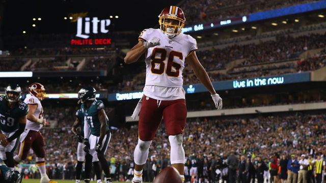 PHILADELPHIA, PA - OCTOBER 23: Jordan Reed #86 of the Washington Redskins celebrates in the endzone after scoring a touchdown against the Philadelphia Eagles in the third quarter of the game at Lincoln Financial Field on October 23, 2017 in Philadelphia, Pennsylvania.