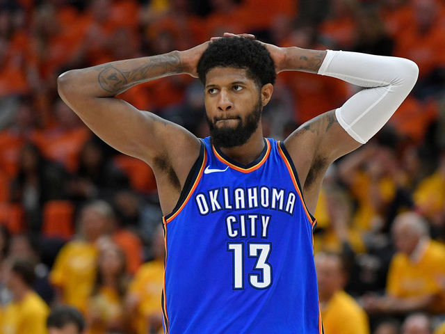 SALT LAKE CITY, UT - APRIL 21: Paul George #13 of the Oklahoma City Thunder reacts to a call in the second half during Game Three of Round One of the 2018 NBA Playoffs against the Utah Jazz at Vivint Smart Home Arena on April 21, 2018 in Salt Lake City, Utah. The Jazz beat the Thunder 115-102.