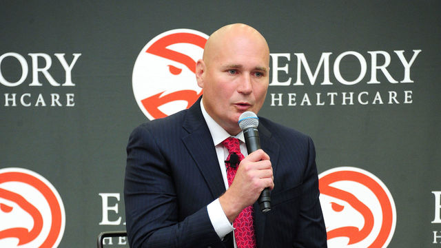BROOKHAVEN, GA - MAY 14: General Manage Travis Schlenk of the Atlanta speaks to the media during Lloyd Pierce's introductory press conference on May 14, 2018 at the Emory Sports Medicine Complex in Brookhaven, Georgia. NOTE TO USER: User expressly acknowledges and agrees that, by downloading and/or using this photograph, user is consenting to the terms and conditions of the Getty Images License Agreement. Mandatory Copyright Notice: Copyright 2018 NBAE