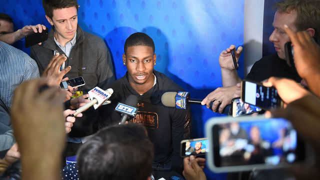 CHICAGO, IL - MAY 17: Jaren Jackson speaks with reporters during Day One of the NBA Draft Combine at Quest MultiSport Complex on May 17, 2018 in Chicago, Illinois.