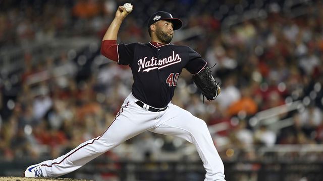 WASHINGTON, DC - JUNE 19: Kelvin Herrera #40 of the Washington Nationals pitches in the eighth inning against the Baltimore Orioles at Nationals Park on June 19, 2018 in Washington, DC.