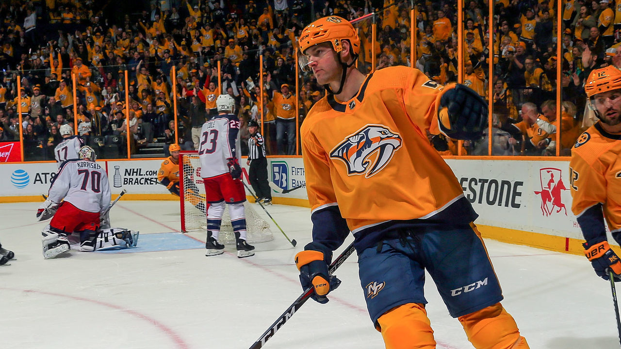 NASHVILLE, TN - APRIL 07: Austin Watson #51 of the Nashville Predators reacts after scoring a goal against goalie Joonas Korpisalo #70 of the Columbus Blue Jackets during the first period at Bridgestone Arena on April 7, 2018 in Nashville, Tennessee.
