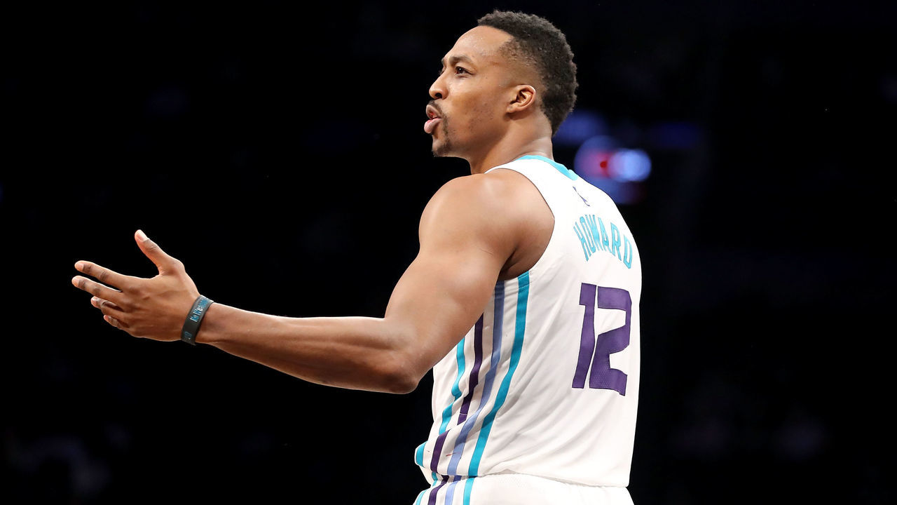 NEW YORK, NY - MARCH 21: Dwight Howard #12 of the Charlotte Hornets reacts in the third quarter against the Brooklyn Nets during their game at Barclays Center on March 21, 2018 in the Brooklyn borough of New York City.