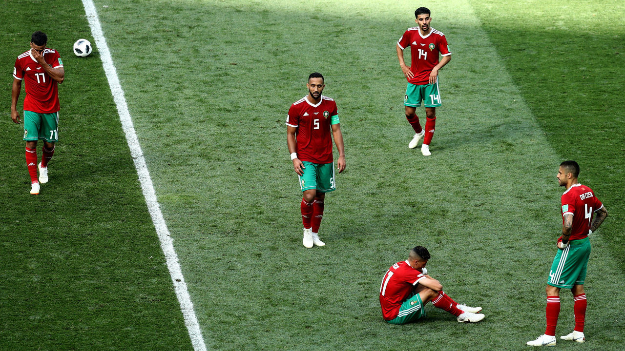 MOSCOW, RUSSIA - JUNE 20: Morocco players show their dejection following the 2018 FIFA World Cup Russia group B match between Portugal and Morocco at Luzhniki Stadium on June 20, 2018 in Moscow, Russia.
