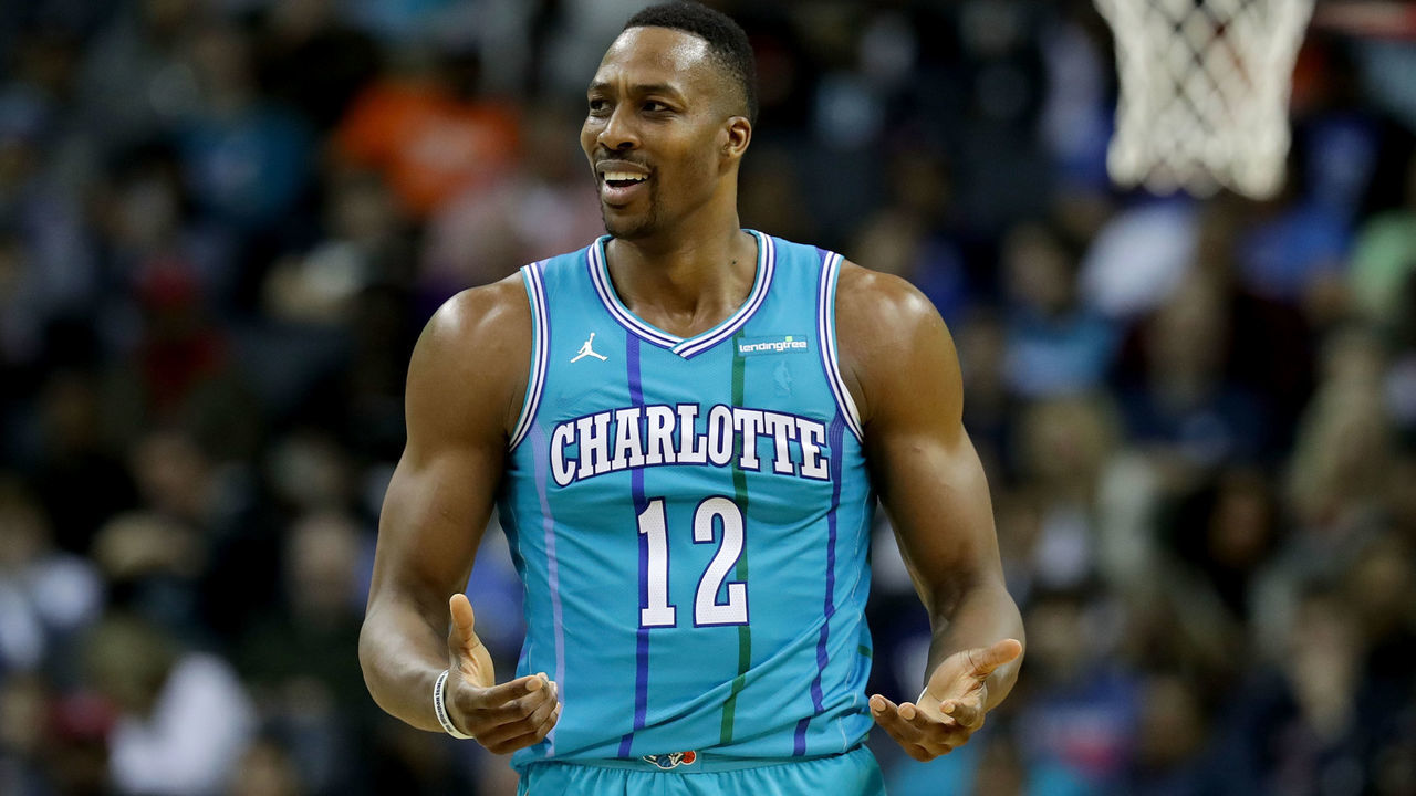 CHARLOTTE, NC - JANUARY 13: Dwight Howard #12 of the Charlotte Hornets reacts after a play against the Oklahoma City Thunder during their game at Spectrum Center on January 13, 2018 in Charlotte, North Carolina.