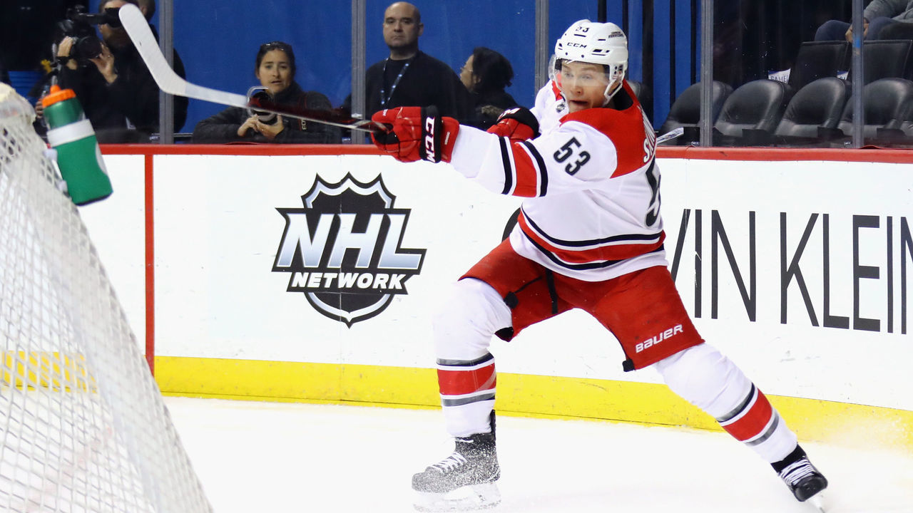 NEW YORK, NY - NOVEMBER 16: Jeff Skinner #53 of the Carolina Hurricanes skates against the New York Islanders at the Barclays Center on November 16, 2017 in the Brooklyn borough of New York City. The Islanders defeated the Hurricanes 6-4.