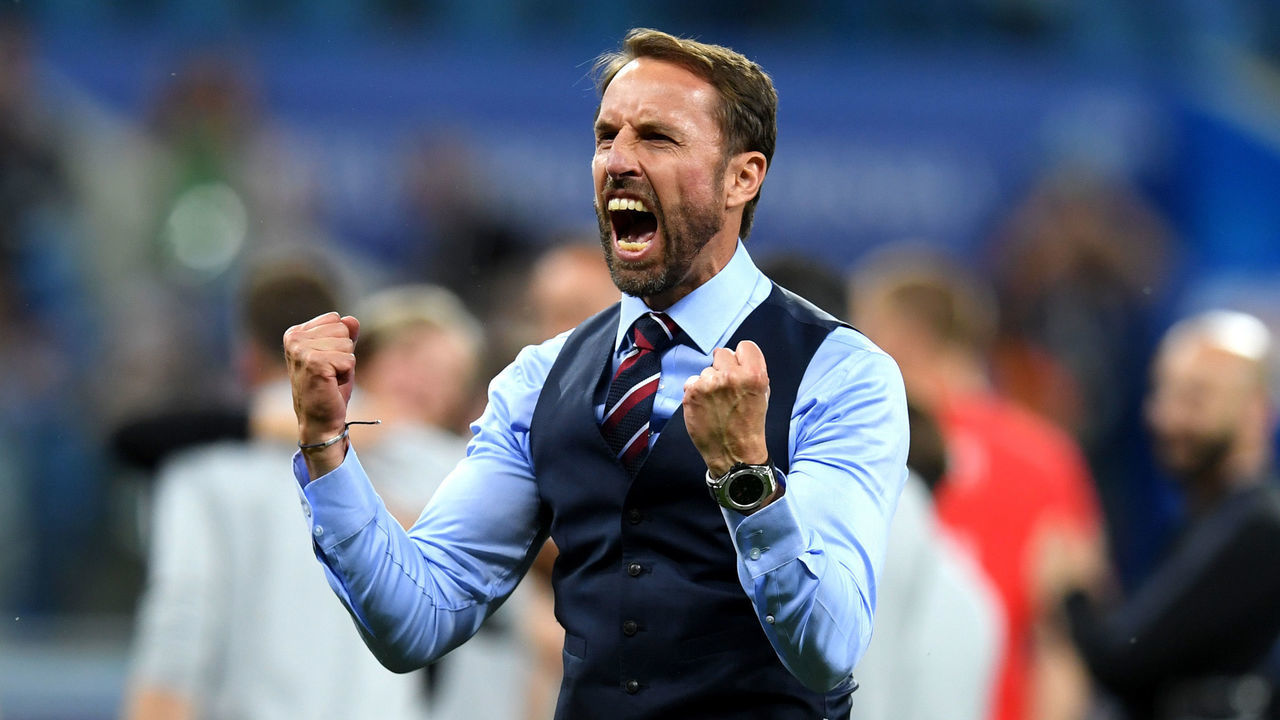 VOLGOGRAD, RUSSIA - JUNE 18: Gareth Southgate, Manager of England celebrates victory following the 2018 FIFA World Cup Russia group G match between Tunisia and England at Volgograd Arena on June 18, 2018 in Volgograd, Russia.