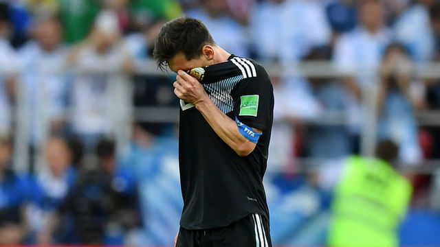 MOSCOW, RUSSIA - JUNE 16: Lionel Messi of Argentina looks dejected following the 2018 FIFA World Cup Russia group D match between Argentina and Iceland at Spartak Stadium on June 16, 2018 in Moscow, Russia.
