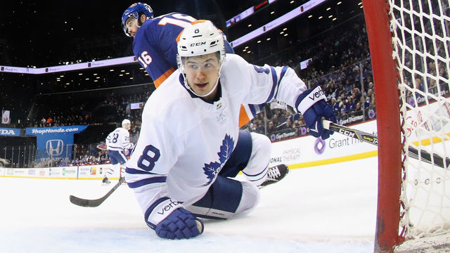 NEW YORK, NY - MARCH 30: Connor Carrick #8 of the Toronto Maple Leafs skates against the New York Islanders at the Barclays Center on March 30, 2018 in the Brooklyn borough of New York City.