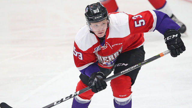 GUELPH, ON - JANUARY 25: Ty Dellandrea #53 of Team Cherry skates against Team Orr in the 2018 Sherwin-Williams CHL/NHL Top Prospects game at the Sleeman Centre on January 25, 2018 in Guelph, Ontario, Canada. Team Cherry defeated Team Orr 7-4.