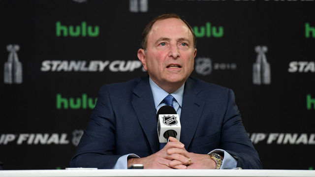 LAS VEGAS, NV - MAY 28: NHL commissioner Gary Bettman speaks to the media prior to Game One of the 2018 NHL Stanley Cup Final between the Vegas Golden Knights and the Washington Capitals at T-Mobile Arena on May 28, 2018 in Las Vegas, Nevada.