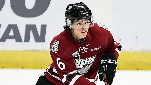 TORONTO, ON - OCTOBER 12: Ryan Merkley #6 of the Guelph Storm turns up ice against the Mississauga Steelheads during game action at Hershey Centre on October 12, 2016 in Mississauga, Ontario, Canada.( Photo by Graig Abel/Getty Images)