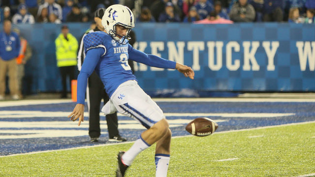 October 3rd, 2015: Wildcat punter Landon Foster (9) punts the ball during 2nd half ofthe NCAA football game between the Eastern Kentucky Colonels and the Kentucky Wildcats at Commonwealth Stadium in Lexington, KY. The Wildcats won 34-27 in overtime.