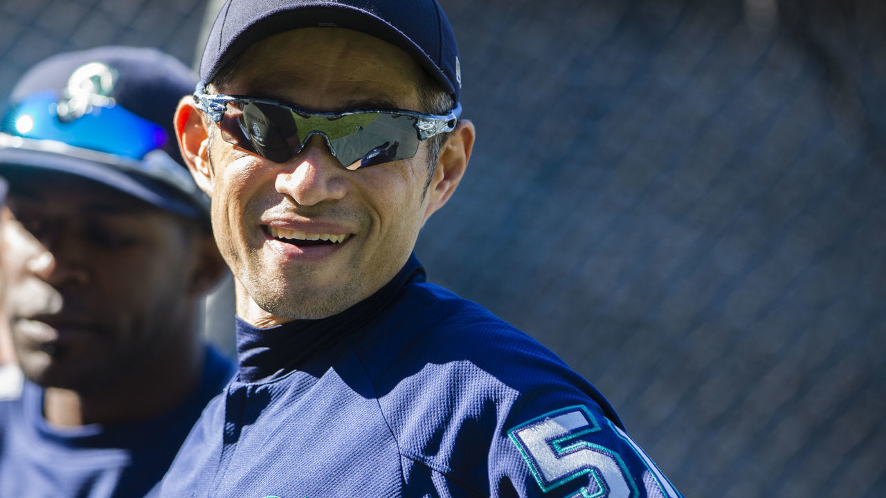 SEATTLE, WA - JUNE 11: Ichiro Suzuki #51 of the Seattle Mariners laughs with teammates during batting practice before the game against the Los Angeles Angels of Anaheim at Safeco Field on June 11, 2018 in Seattle, Washington.