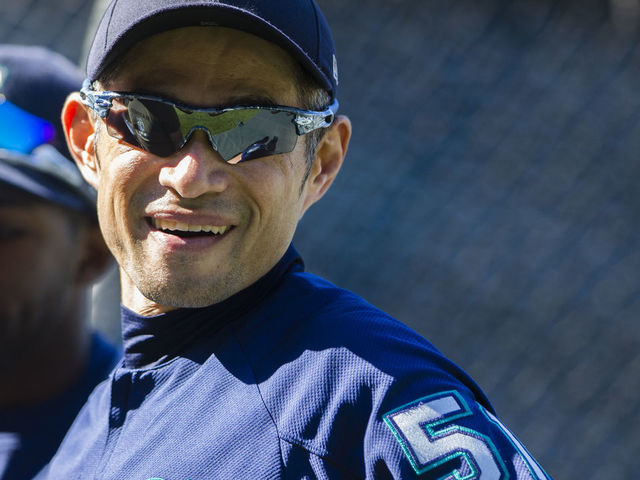 SEATTLE, WA - JUNE 11: Ichiro Suzuki #51 of the Seattle Mariners laughs with teammates during batting practice before the game against the Los Angeles Angels of Anaheim at Safeco Field on June 11, 2018 in Seattle, Washington.