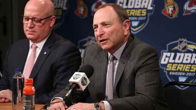 STOCKHOLM, SWEDEN - NOVEMBER 10: NHL Commissioner Gary Bettman and NHL Deputy Commissioner Bill Daly and address the media at the Ericsson Globe on November 10, 2017 in Stockholm, Sweden.