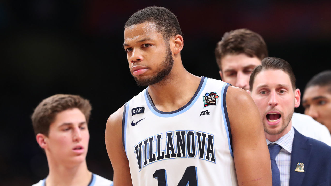 SAN ANTONIO, TX - APRIL 02: Omari Spellman #14 of the Villanova Wildcats reacts against the Michigan Wolverines in the second half during the 2018 NCAA Men's Final Four National Championship game at the Alamodome on April 2, 2018 in San Antonio, Texas.