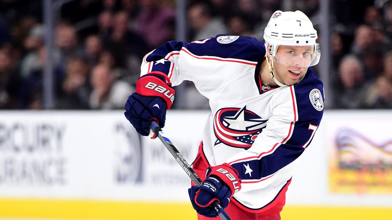 LOS ANGELES, CA - NOVEMBER 05: Jack Johnson #7 of the Columbus Blue Jackets passes during the game against the Los Angeles Kings at Staples Center on November 5, 2015 in Los Angeles, California.