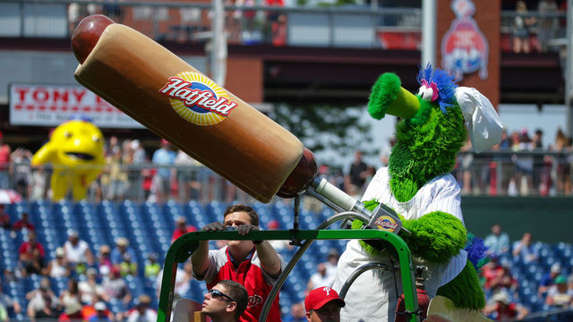 PHILADELPHIA, PA - JUNE 20: The Phillie Phanatic launches Hatfield hotdogs into the stands between innings during a game between the Philadelphia Phillies and the Arizona Diamondbacks at Citizens Bank Park on June 20, 2016 in Philadelphia, Pennsylvania. The Diamondbacks won 3-1.