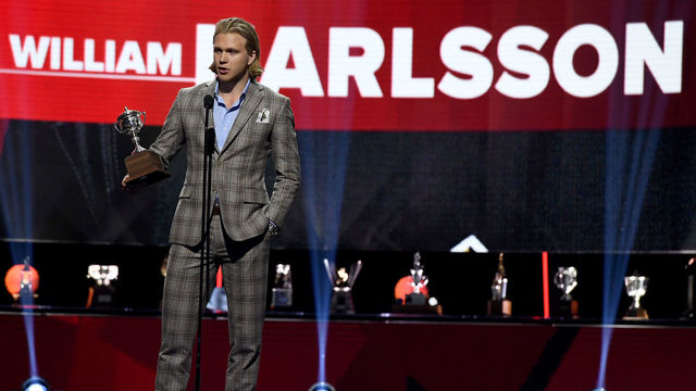 LAS VEGAS, NV - JUNE 20: William Karlsson of the Vegas Golden Knights accepts the Lady Byng Memorial Trophy given to the player best combining sportsmanship and ability onstage at the 2018 NHL Awards presented by Hulu at The Joint inside the Hard Rock Hotel & Casino on June 20, 2018 in Las Vegas, Nevada.