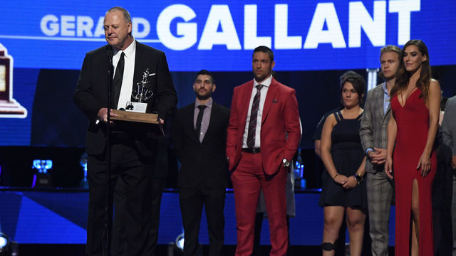 LAS VEGAS, NV - JUNE 20: Head coach Gerard Gallant of the Vegas Golden Knights accepts the Jack Adams Award given to the top head coach onstage at the 2018 NHL Awards presented by Hulu at The Joint inside the Hard Rock Hotel & Casino on June 20, 2018 in Las Vegas, Nevada.