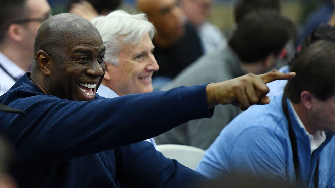 CHICAGO, IL - MAY 17: Earvin 'Magic' Johnson, president of basketball operations of the Los Angeles Lakers, watches action during Day One of the NBA Draft Combine at Quest MultiSport Complex on May 17, 2018 in Chicago, Illinois.