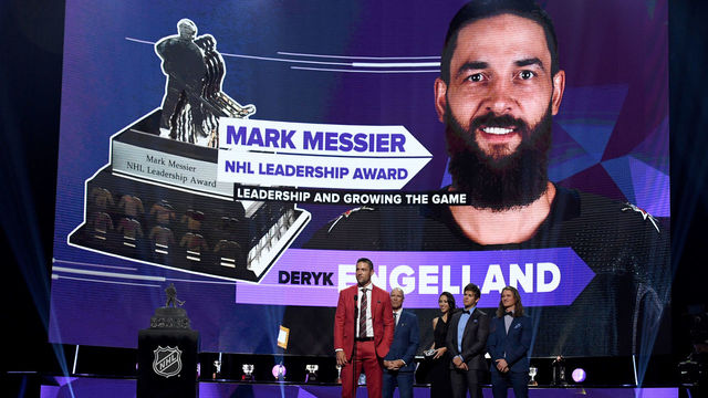 LAS VEGAS, NV - JUNE 20: Deryk Engelland of the Vegas Golden Knights accepts the Mark Messier NHL Leadership Award onstage at the 2018 NHL Awards presented by Hulu at The Joint inside the Hard Rock Hotel & Casino on June 20, 2018 in Las Vegas, Nevada.