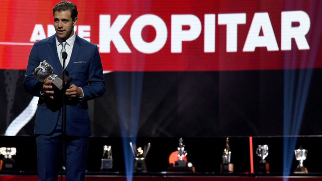 LAS VEGAS, NV - JUNE 20: Anze Kopitar of the Los Angeles Kings accepts the Frank J. Selke trophy given to the top defensive forward onstage at the 2018 NHL Awards presented by Hulu at The Joint inside the Hard Rock Hotel & Casino on June 20, 2018 in Las Vegas, Nevada.