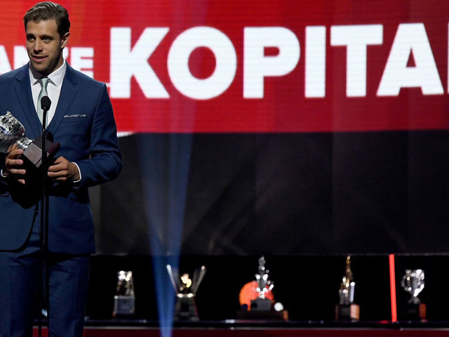 LAS VEGAS, NV - JUNE 20: Anze Kopitar of the Los Angeles Kings accepts the Frank J. Selke trophy given to the top defensive forward onstage at the 2018 NHL Awards presented by Hulu at The Joint inside the Hard Rock Hotel & Casino on June 20, 2018 in Las Vegas, Nevada.