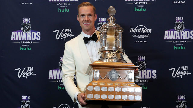 LAS VEGAS, NV - JUNE 20: Pekka Rinne of the Nashville Predators poses with the Vezina Trophy given to the top goaltender in the press room at the 2018 NHL Awards presented by Hulu at the Hard Rock Hotel & Casino on June 20, 2018 in Las Vegas, Nevada.