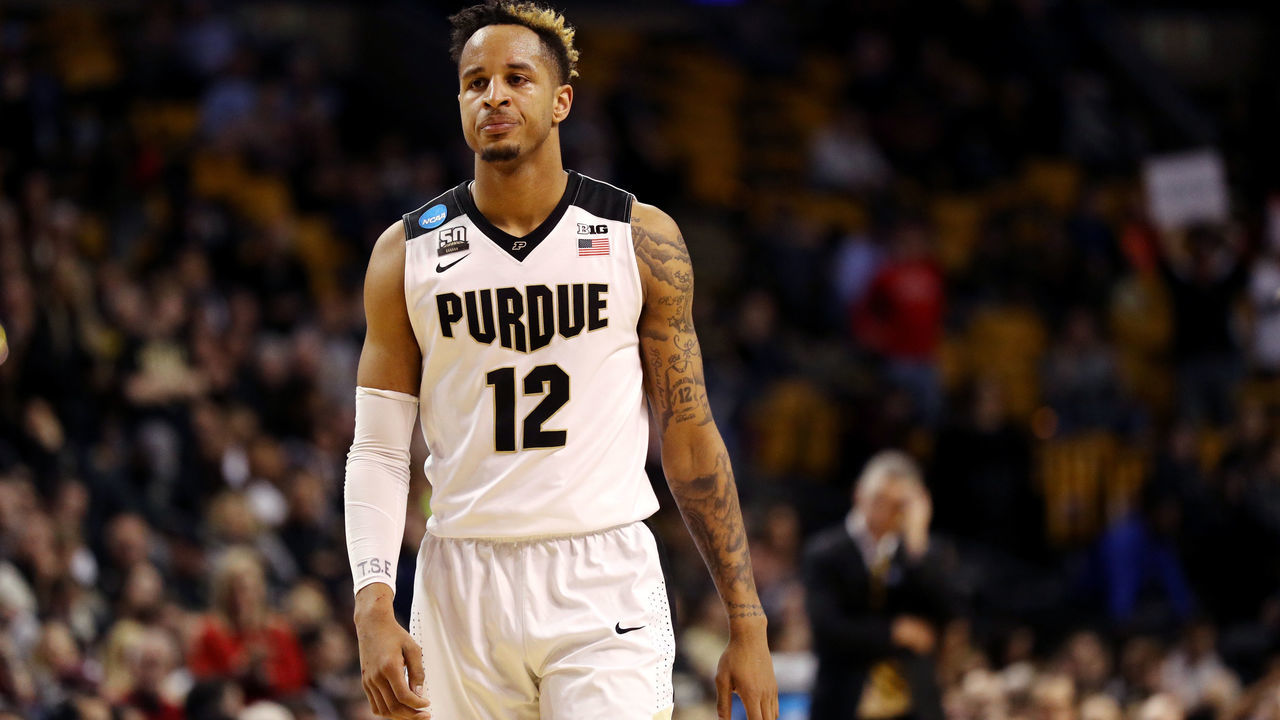 BOSTON, MA - MARCH 23: Vincent Edwards #12 of the Purdue Boilermakers reacts late in the game against the Texas Tech Red Raiders in the 2018 NCAA Men's Basketball Tournament East Regional at TD Garden on March 23, 2018 in Boston, Massachusetts. The Texas Tech Red Raiders defeated the Purdue Boilermakers 78-65.