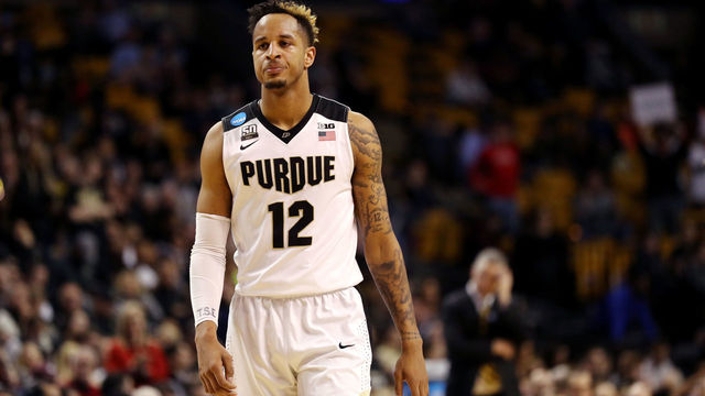 BOSTON, MA - MARCH 23: Vincent Edwards #12 of the Purdue Boilermakers reacts late in the game against the Texas Tech Red Raiders in the 2018 NCAA Men's Basketball Tournament East Regional at TD Garden on March 23, 2018 in Boston, Massachusetts. The Texas Tech Red Raiders defeated the Purdue Boilermakers 78-65.