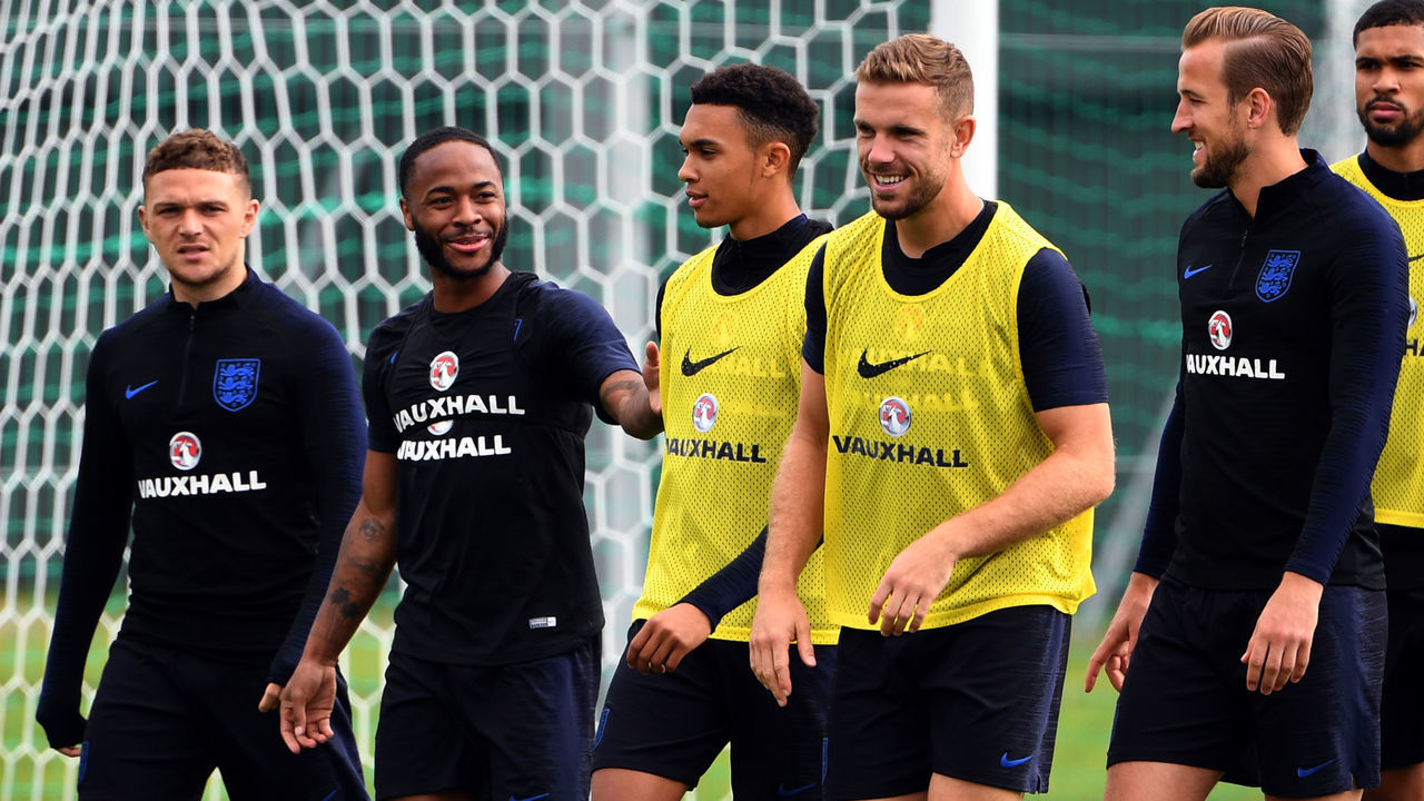 (from L to R) England's defender Kieran Trippier, forward Raheem Sterling, defender Trent Alexander-Arnold, midfielder Jordan Henderson, forward Harry Kane and midfielder Ruben Loftus-Cheek take part in a training session in Repino on June 21, 2018 during the Russia 2018 World Cup football tournament.