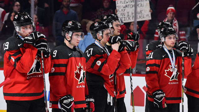 MONTREAL, QC - JANUARY 05: Members of Team Canada react as they look on after losing in the gold medal round game against Team United States during the 2017 IIHF World Junior Championship at the Bell Centre on January 5, 2017 in Montreal, Quebec, Canada. Team United States defeated Team Canada 5-4 in a shootout.