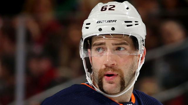 NEWARK, NJ - NOVEMBER 09: Eric Gryba #62 of the Edmonton Oilers looks on before a face off against the New Jersey Devils on November 9, 2017 at Prudential Center in Newark, New Jersey.