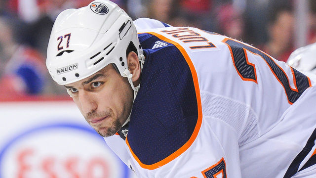 CALGARY, AB - MARCH 13: Milan Lucic #27 of the Edmonton Oilers in action against the Calgary Flames during an NHL game at Scotiabank Saddledome on March 13, 2018 in Calgary, Alberta, Canada. *** Local Caption *** Milan Lucic