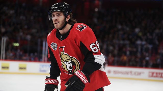 STOCKHOLM, SWEDEN - NOVEMBER 11: Mike Hoffman #68 of Ottawa Senators during the 2017 SAP NHL Global Series match between Colorado Avalanche and Ottawa Senators at Ericsson Globe on November 11, 2017 in Stockholm, Sweden.
