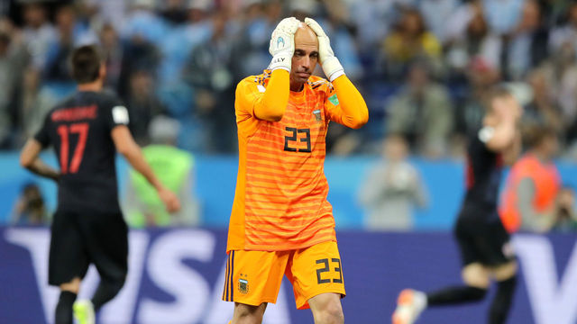NIZHNY NOVGOROD, RUSSIA - JUNE 21: Wilfredo Caballero of Argentina looks dejected after his mistake leads to a Croatia goal during the 2018 FIFA World Cup Russia group D match between Argentina and Croatia at Nizhny Novgorod Stadium on June 21, 2018 in Nizhny Novgorod, Russia.